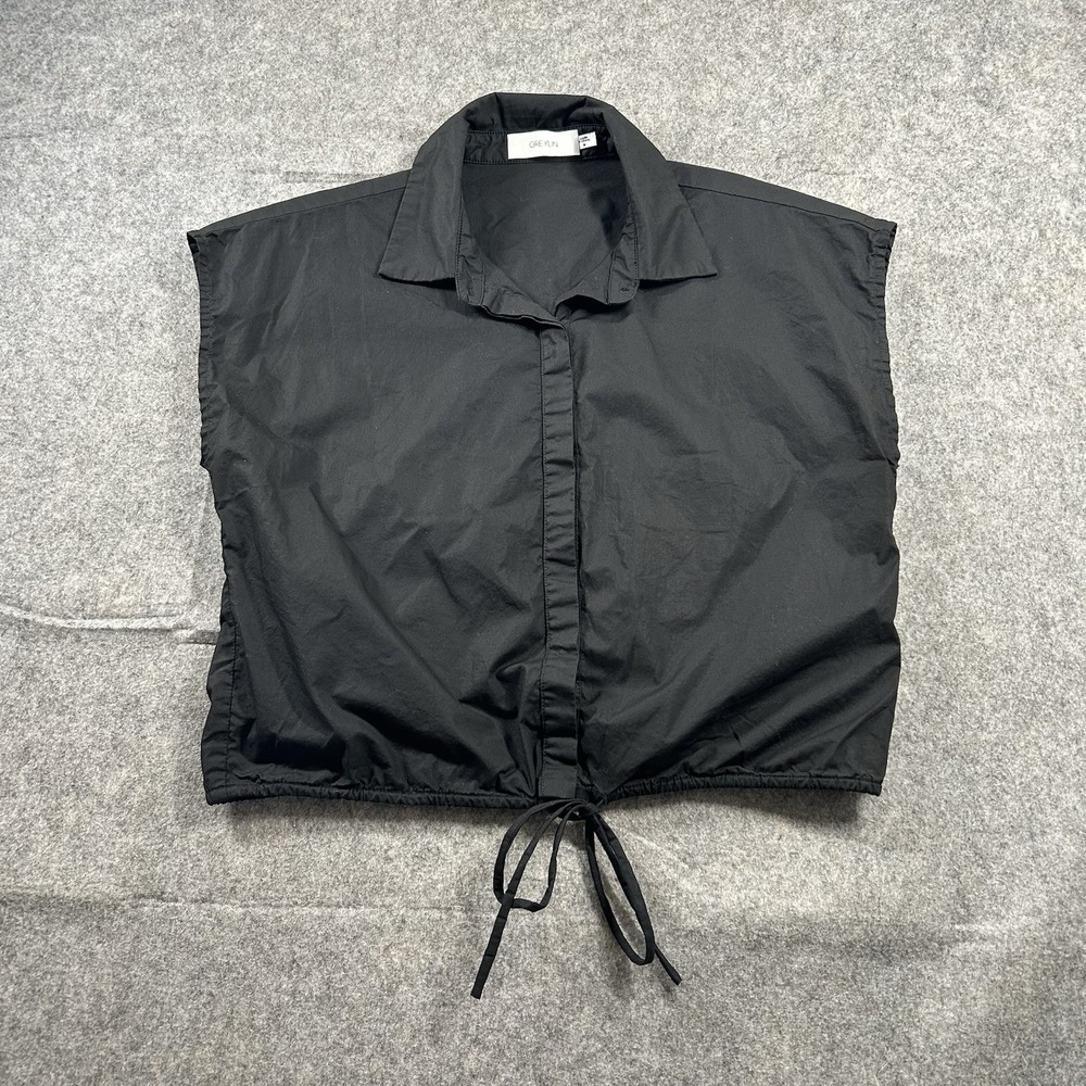 Greylin Top Womens Medium Black Button Down Cropped Elastic Hem Cotton
